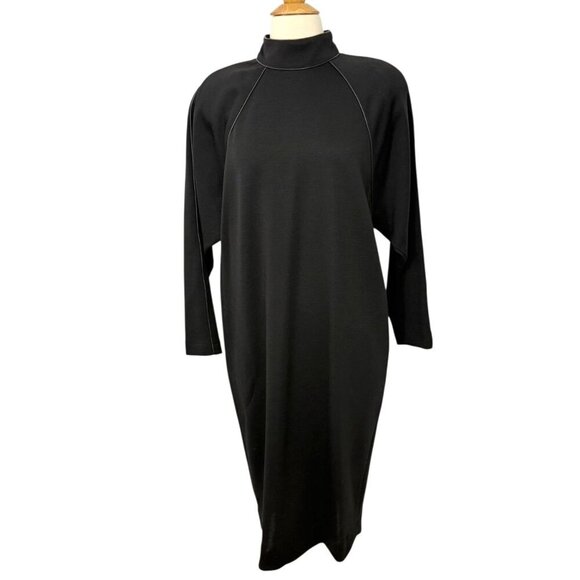 Caroline Rose Black Wool Dress Leather Trim Retro Shoulder Pads Pockets Size M - Picture 12 of 14